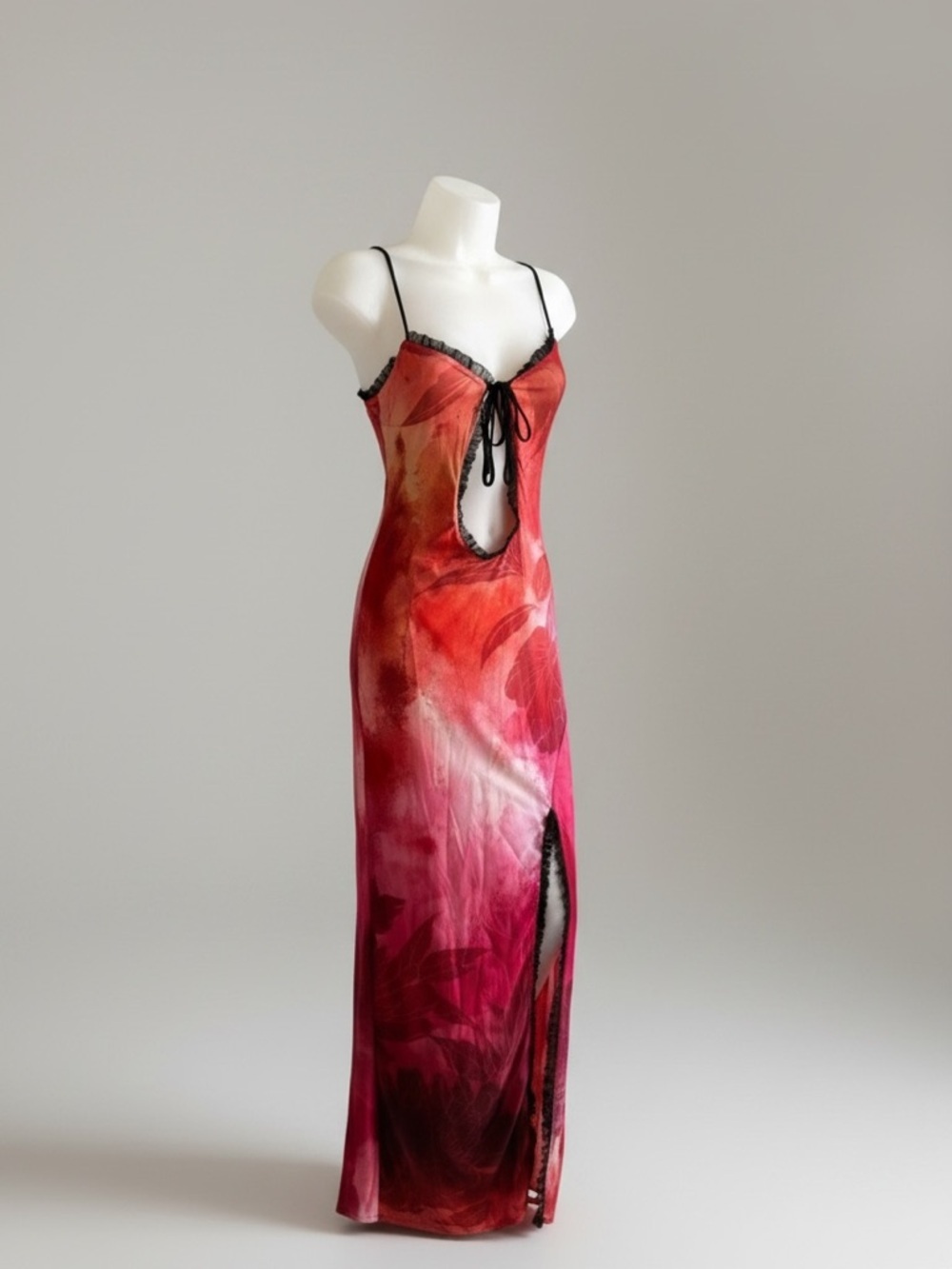 Boohoo Red Pink Floral Maxi Dress Lace Trim Front Tie Slit Size 14